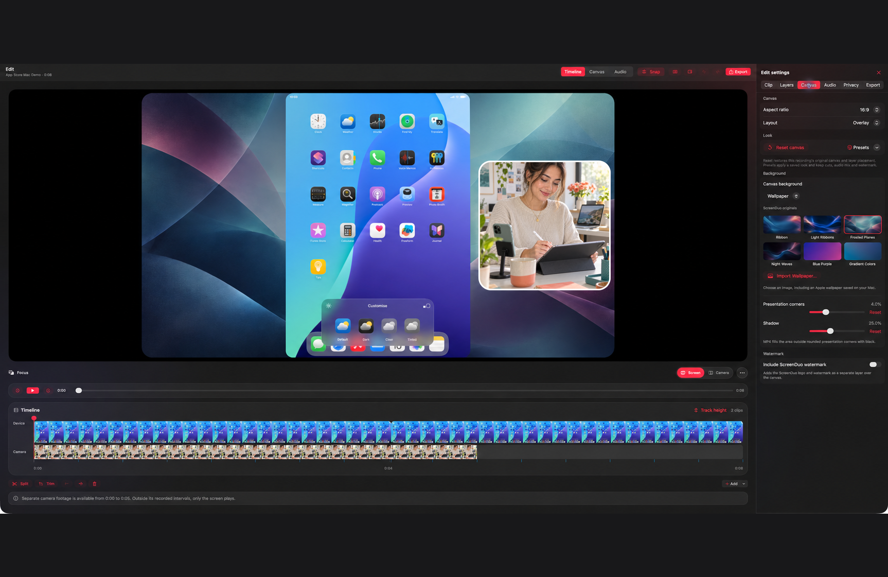 ScreenDuo Mac editor showing an iPad screen and camera together for a tutorial.
