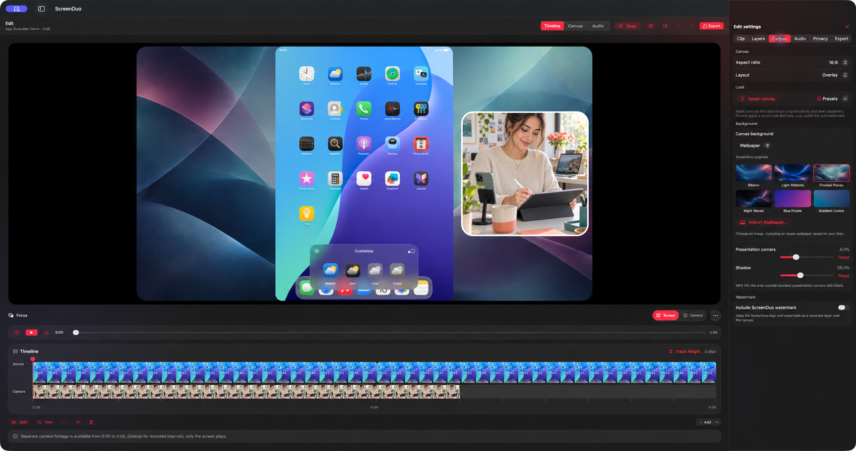 ScreenDuo Mac editor with separate screen and camera tracks on the timeline.